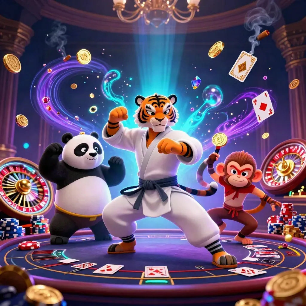 Tiger, panda, and monkey in a neon casino blast of coins, chips, cards, and a spinning roulette wheel.
