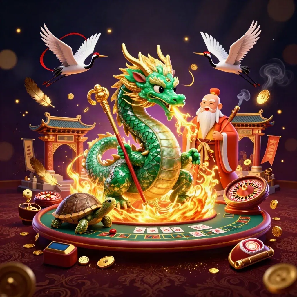 Emerald dragon, turtle sage, and cranes in a glowing casino-temple scene