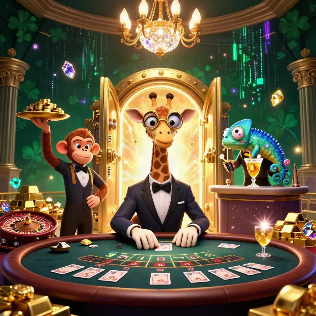 Giraffe, monkey, and chameleon in a glowing casino den with gold and jewels.
