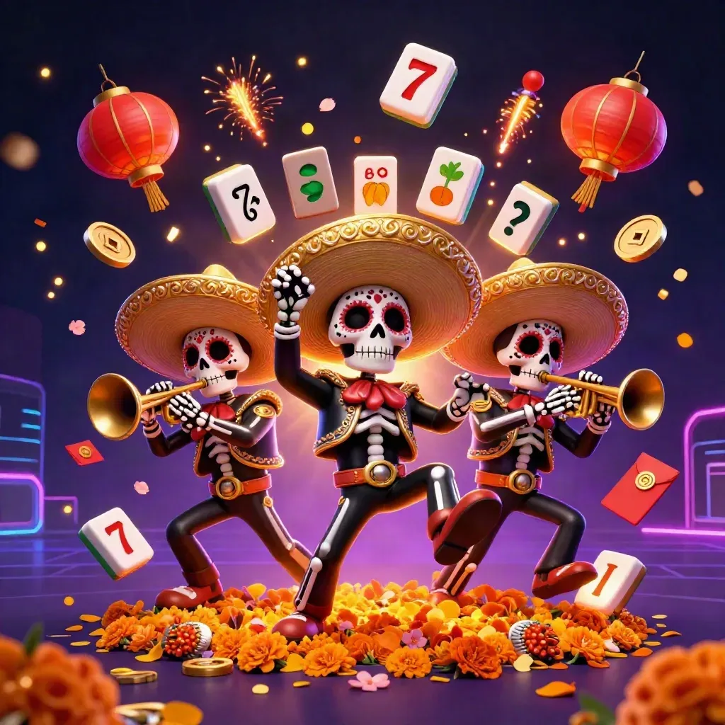 Three skeleton mariachi heroes burst amid casino charms, glowing coins, lanterns, and gold light.