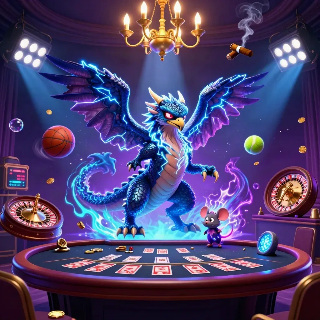 Thunder dragon, hawk, and mouse in a glowing neon casino room with sports and table-game energy.