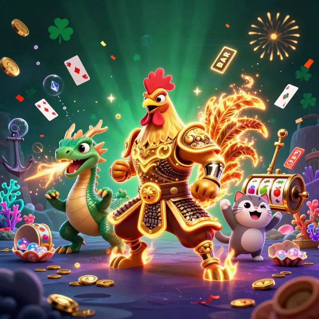 Rooster warrior, dragon hatchling, and fortune-cat burst through a treasure cove with coins, coral, and glowing effects.