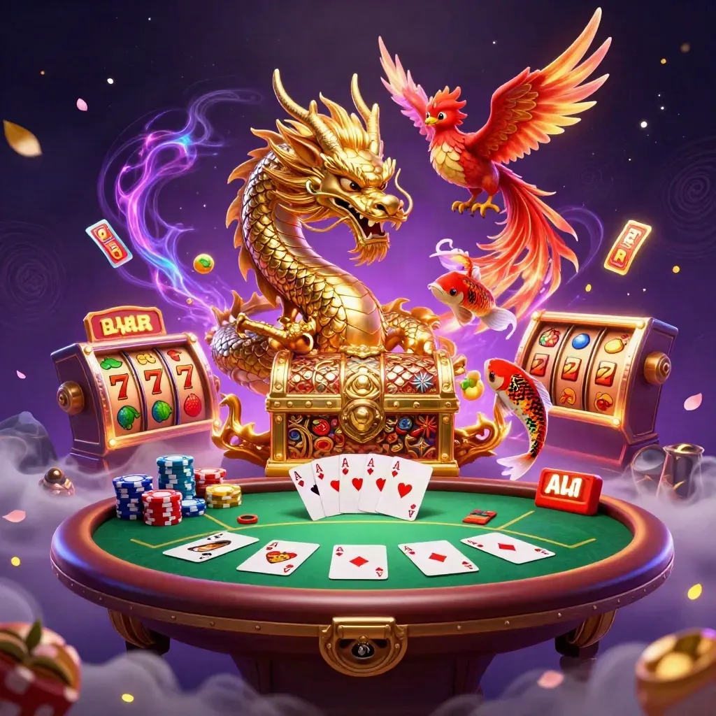 Golden dragon with phoenix and koi amid casino treasures, chips, cards, glowing purple eclipse magic.