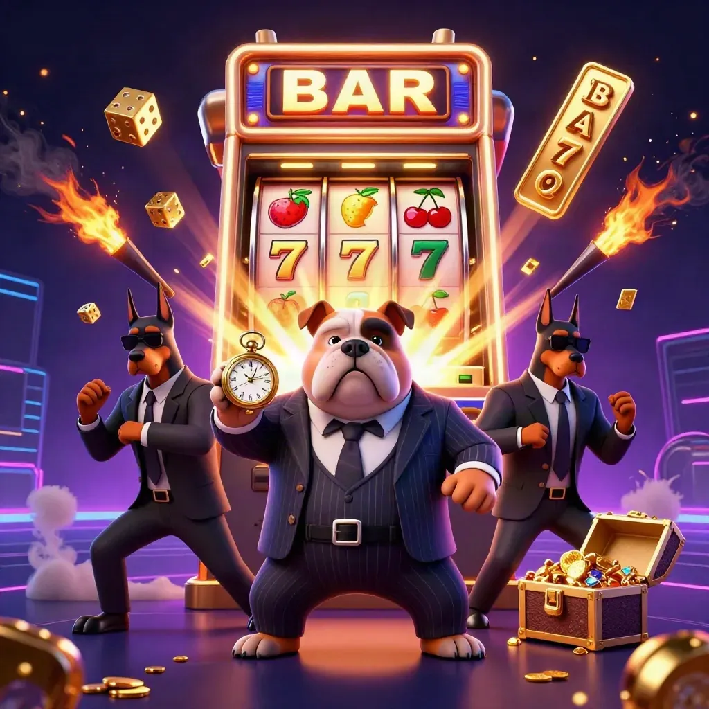 Bulldog boss and Dobermans amid exploding slots, gold, gems, and eclipse neon glow.