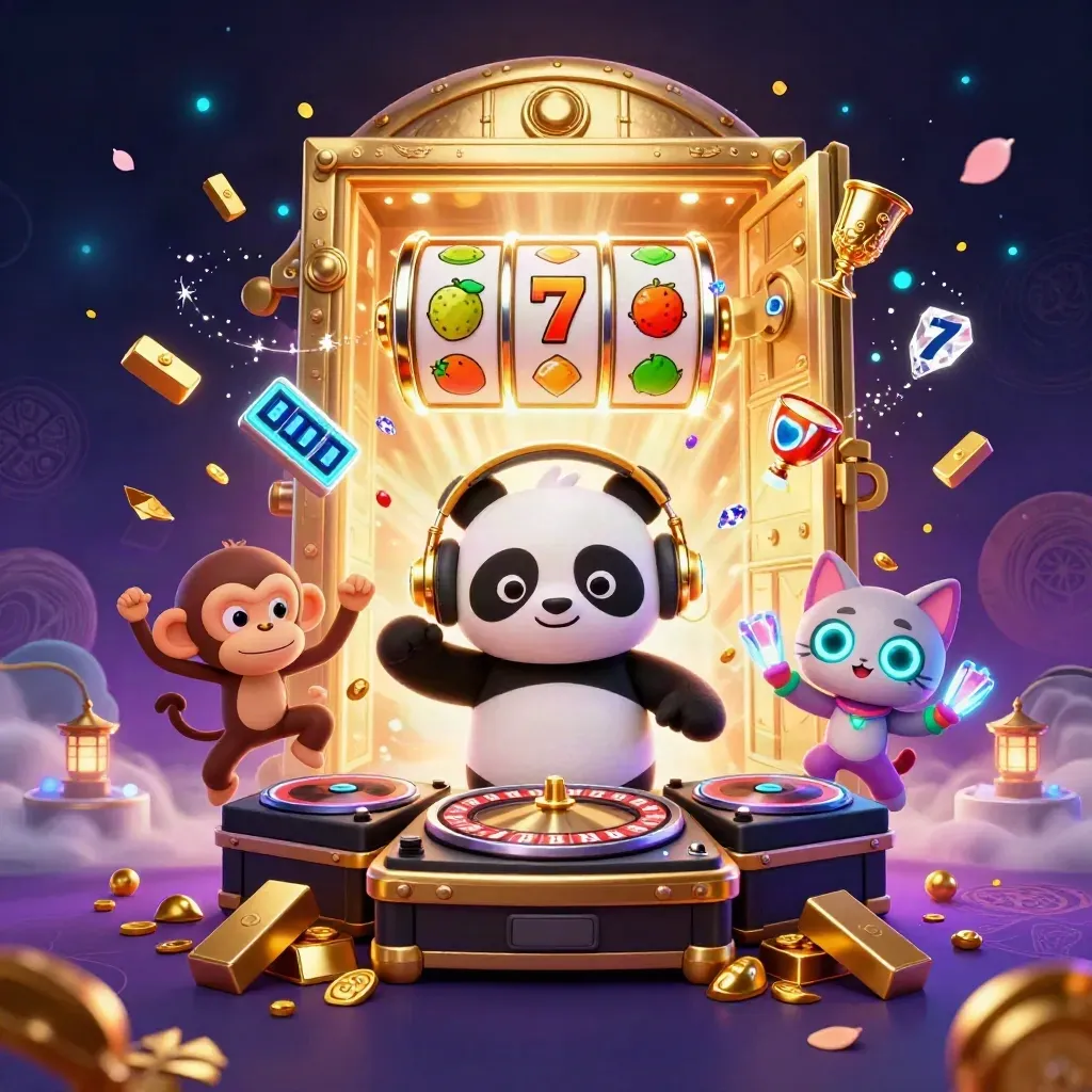 DJ panda, breakdancing monkey, and rave kitten burst from a gold vault in a neon casino scene.