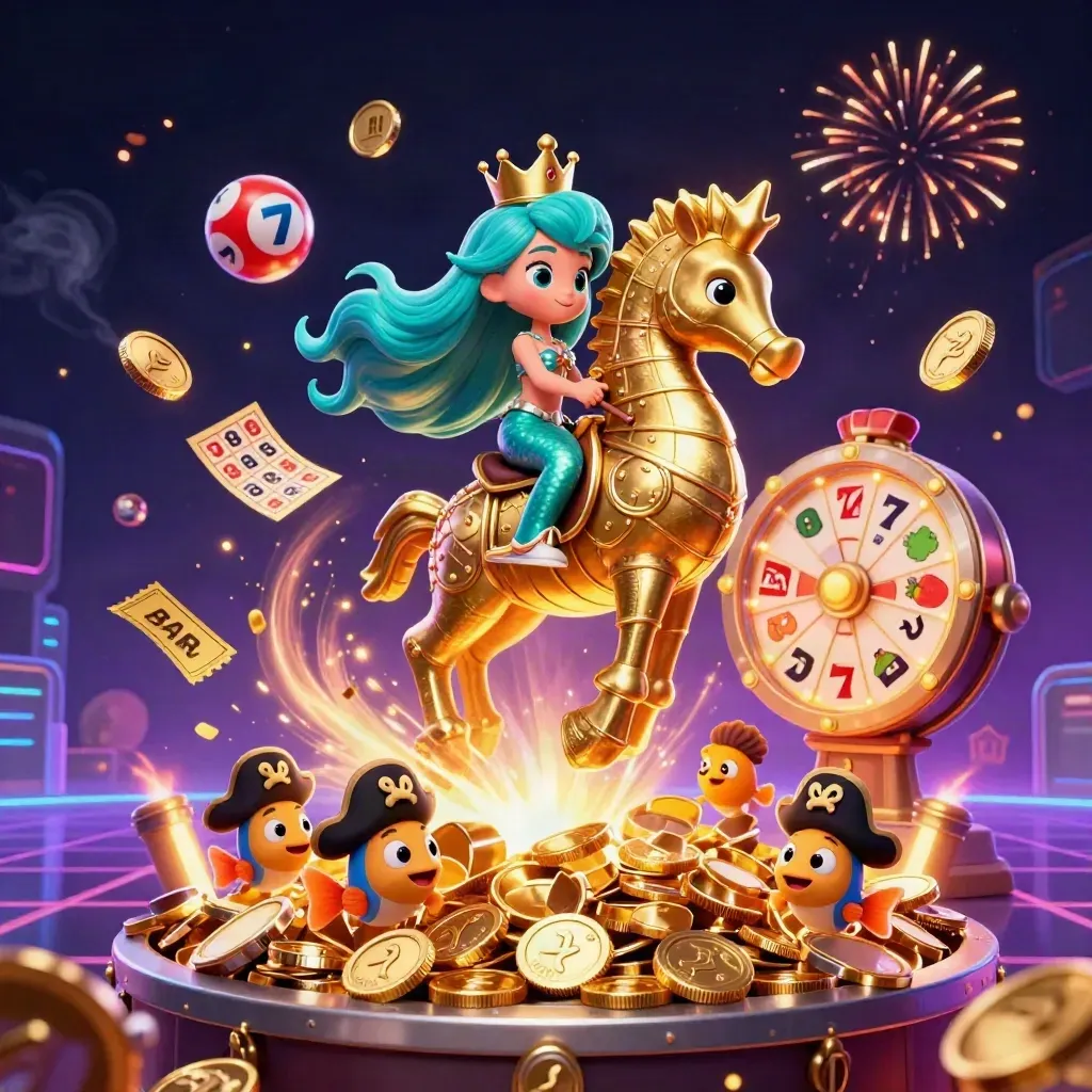 Mermaid princess on a gold seahorse amid coins, reels, bingo, lottery balls, and fireworks.