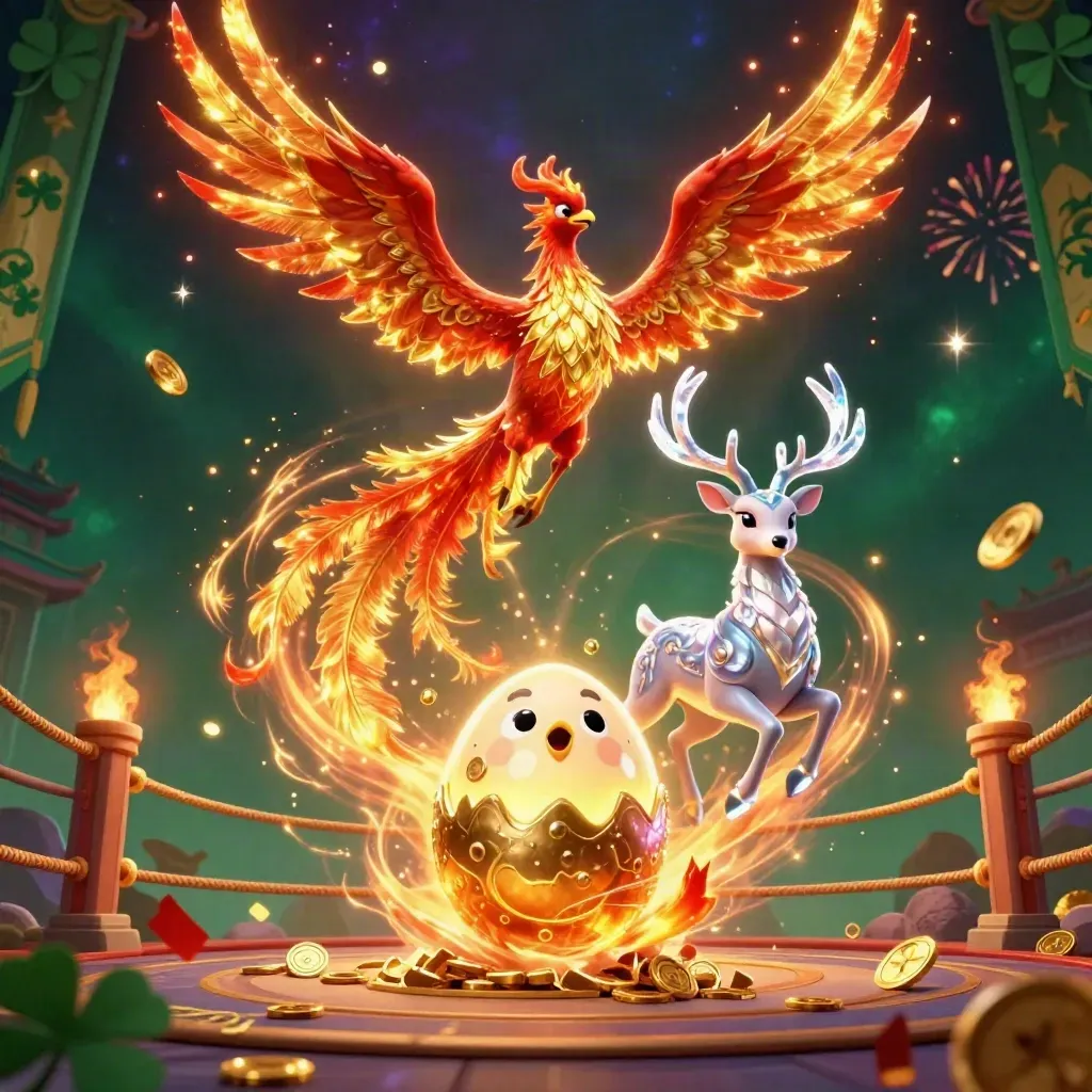 Phoenix, baby phoenix, and crystal-antlered stag erupt amid gold coins, sparks, and temple ruins.