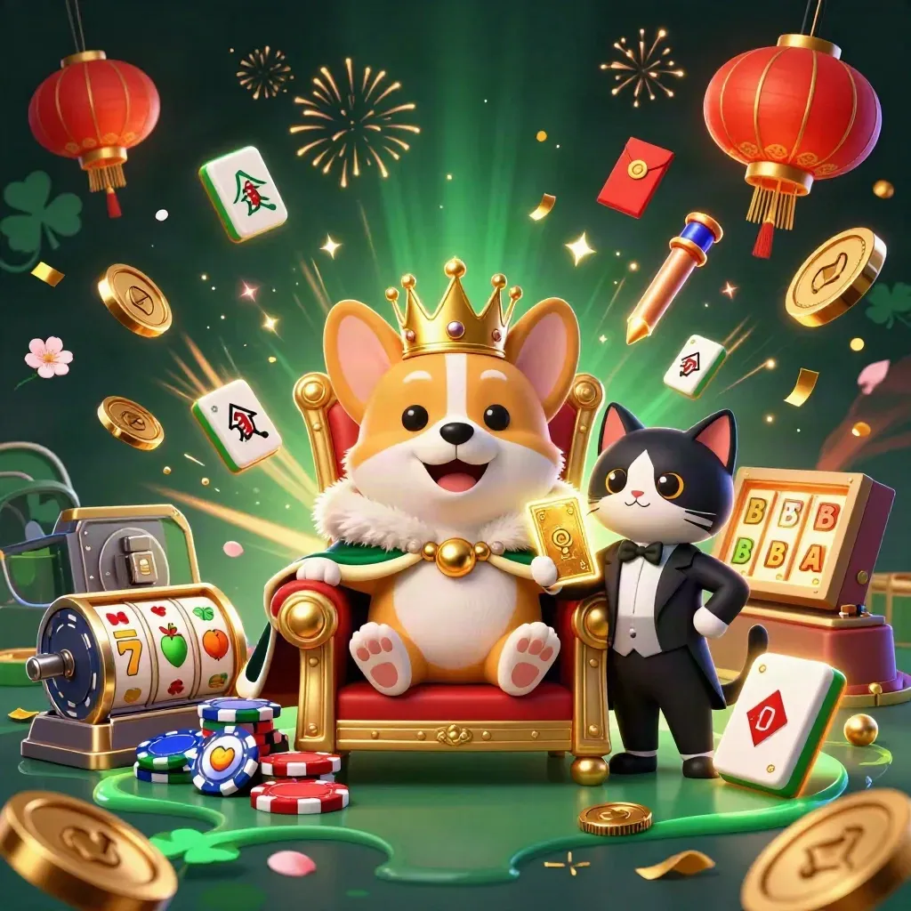 Royal corgi and cat butler amid gold coins, lanterns, fireworks, and casino symbols