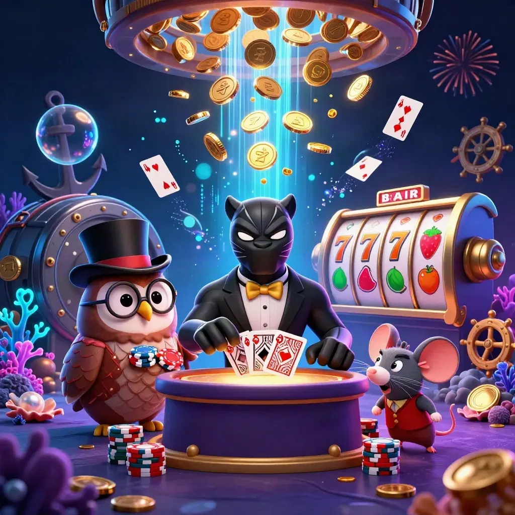 Panther, owl, and mouse in a neon treasure cove as coins, reels, and fireworks erupt