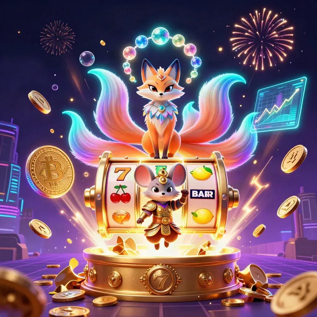 Fox spirit and samurai mouse amid neon coins, crypto symbols, vault treasure, and fireworks