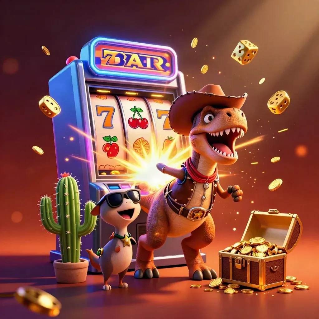 Cowboy T-Rex, cactus sidekick, and sheriff roadrunner amid jackpot coins, slot symbols, and fireworks.