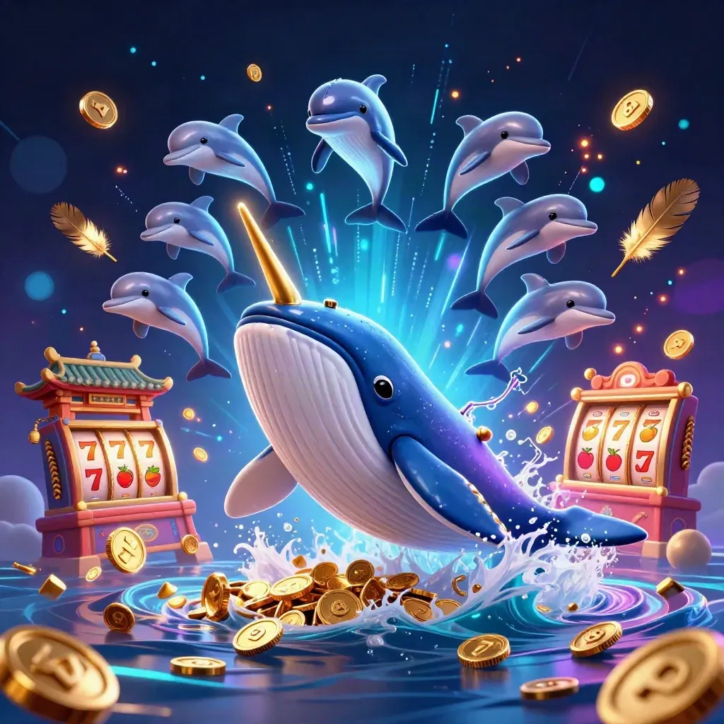Whale captain, narwhal, and dolphins burst through coins with neon casino effects in a dark premium fantasy scene.
