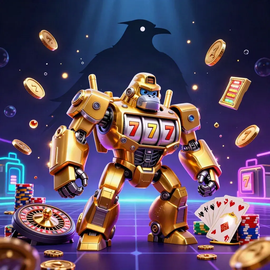 Golden gorilla slot mech with monkey pilot, coins, chips, cards, reels, and neon casino glow.