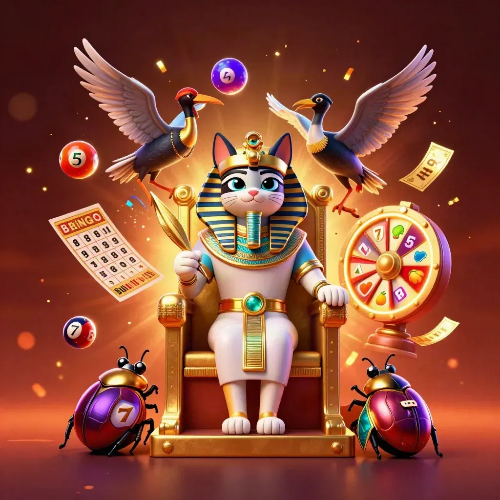 Pharaoh cat on a golden throne with ibis scribe, scarabs, slots, and casino tokens in fiery glow.
