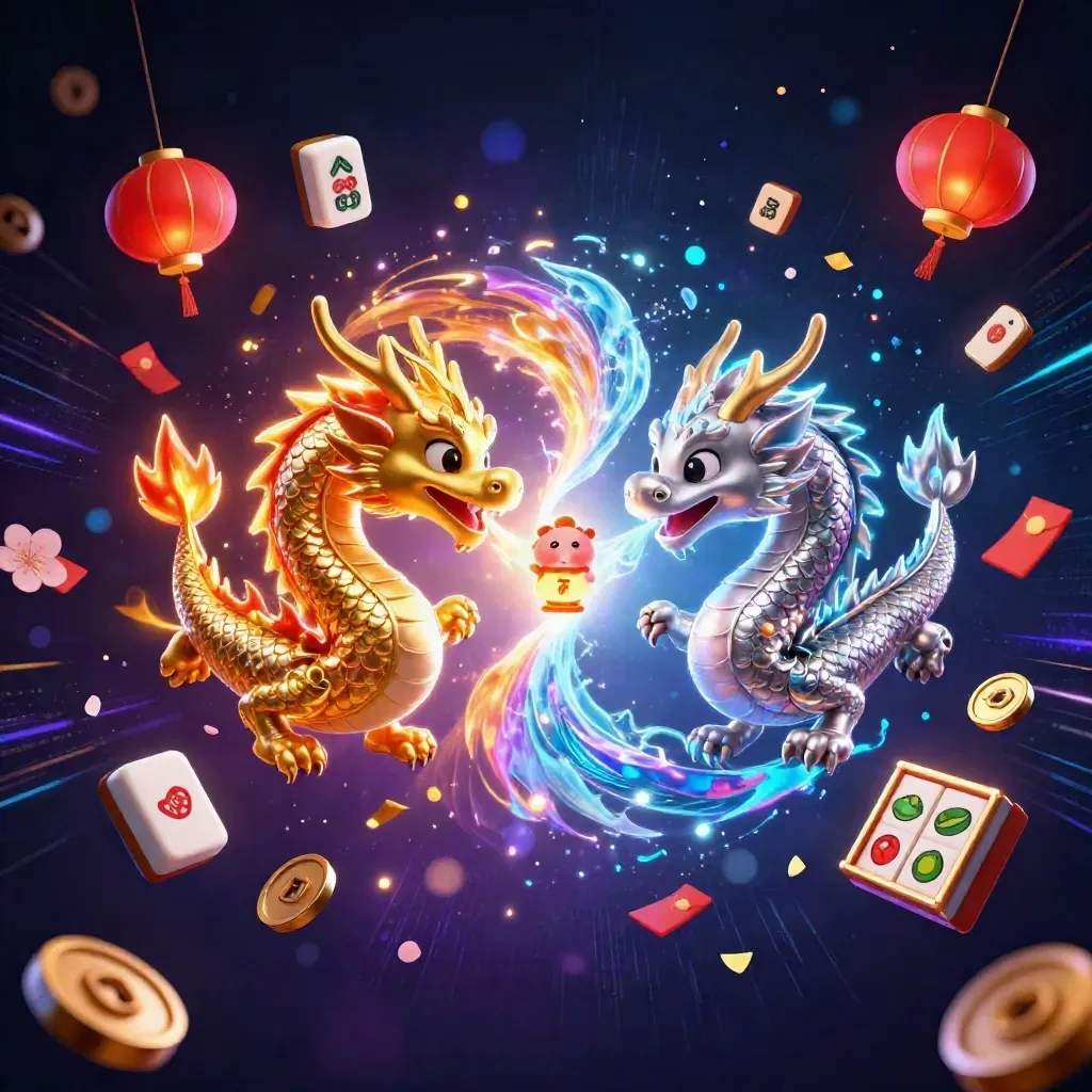 Two intertwined dragons breathe fire and ice amid casino symbols on a dark neon background.