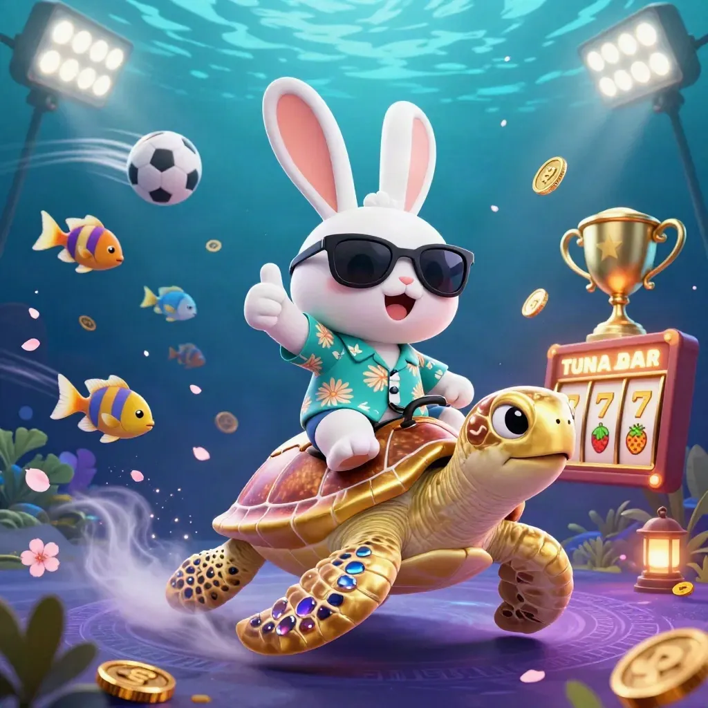Lucky rabbit on a gem-studded sea turtle amid slot symbols, coins, and glowing underwater casino effects.
