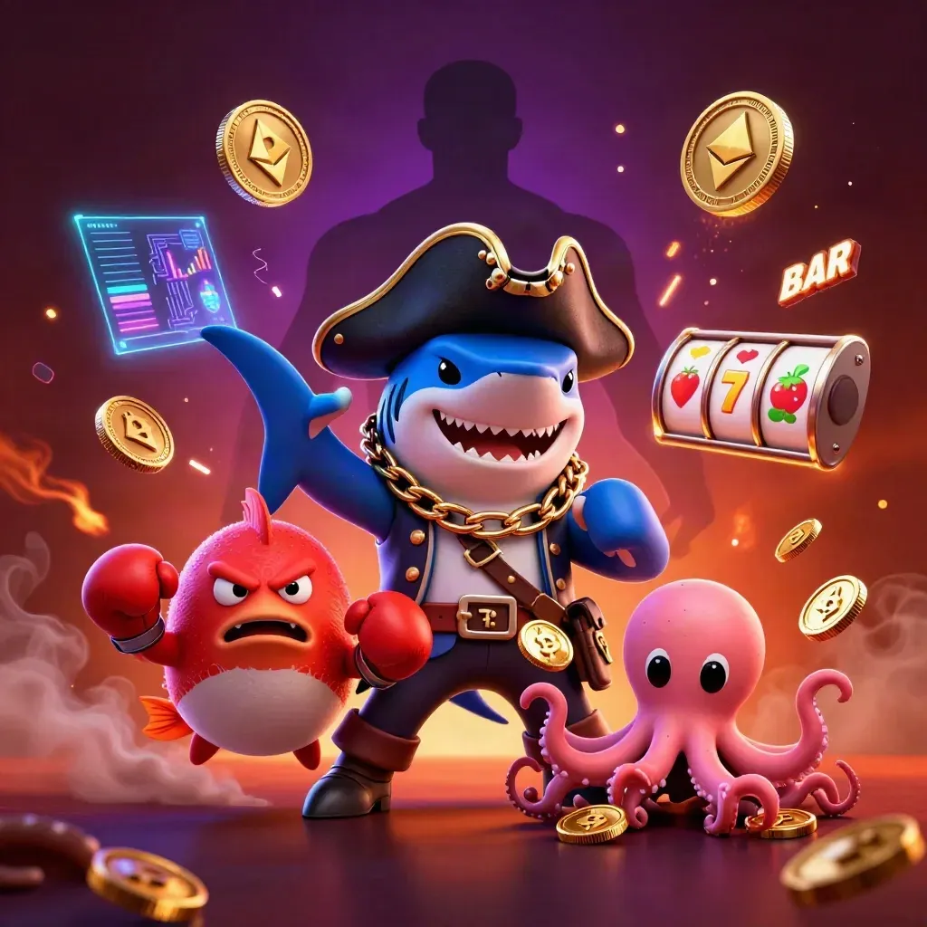 Pirate shark, boxing pufferfish, and juggling octopus amid glowing casino coins and lightning