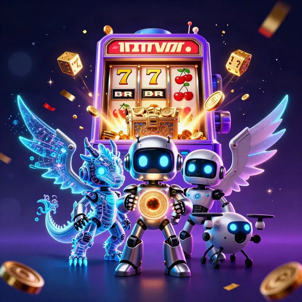 Cyberpunk robot, holographic dragon, and coin drone amid a bursting slot machine with gold sparks.