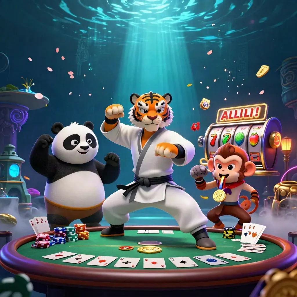 Tiger, panda, and monkey around poker gear in a glowing eclipse casino scene.