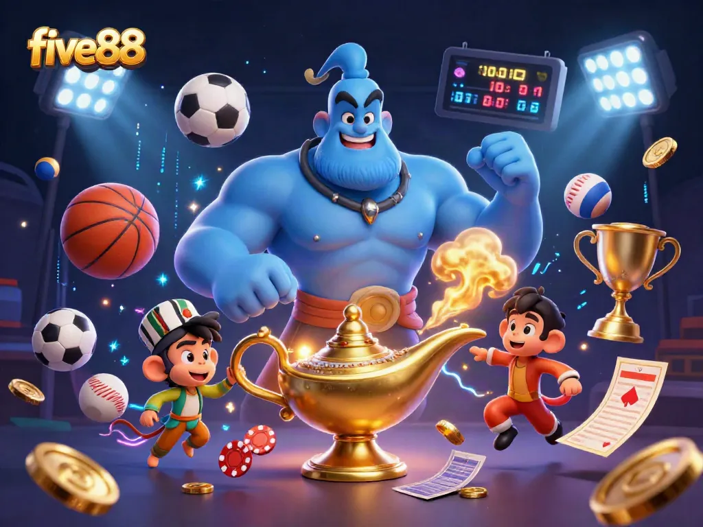 Experience the magic of five88 with a captivating genie and dynamic sports elements.