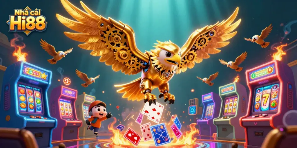 Nha cai Hi88 showcases a vibrant 3D casino scene filled with holographic playing cards and golden elements.