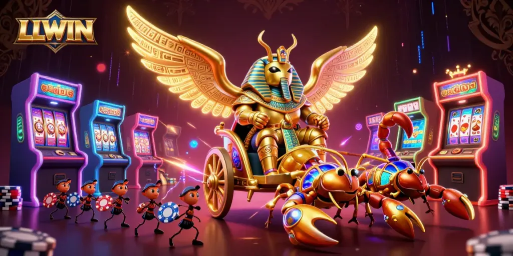 Experience excitement with LLWIN as a golden scarab beetle and scorpions create a vibrant casino scene.