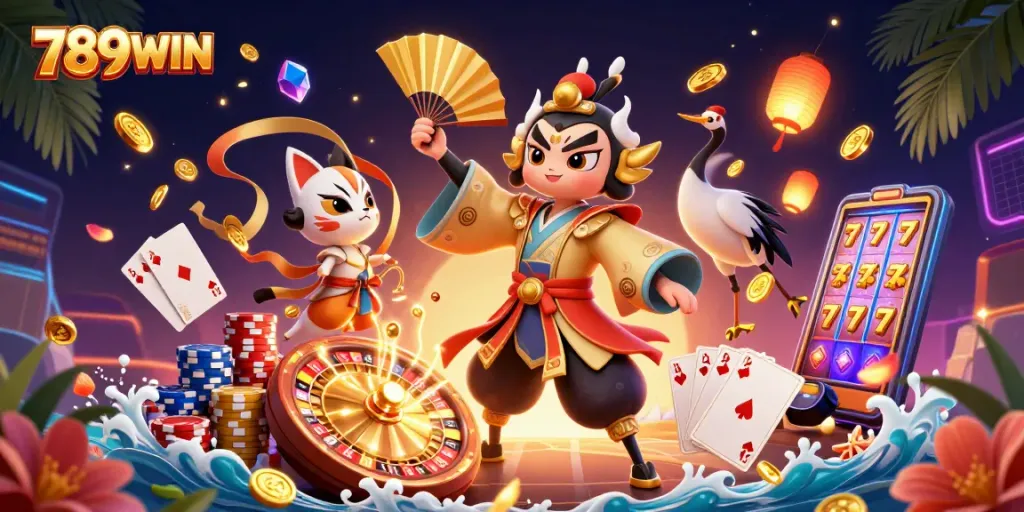 Experience the thrill of 789WIN with a vibrant 3D casino scene filled with dynamic gaming elements.