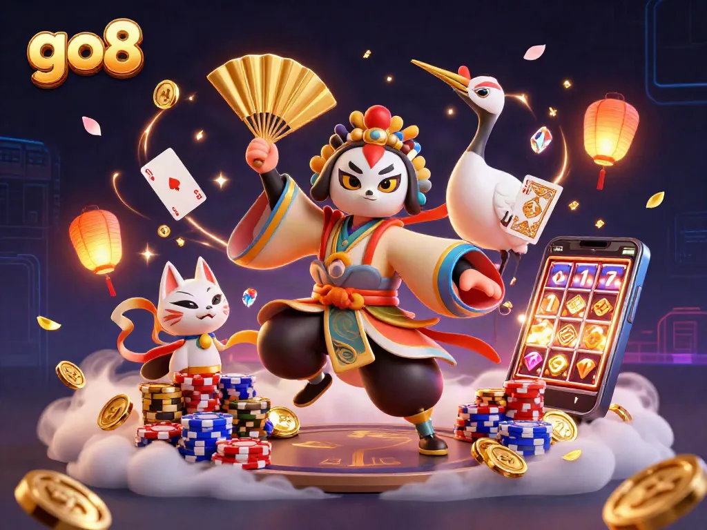 Experience the thrill of go8 gaming with vibrant casino elements and rich characters in this illustration.