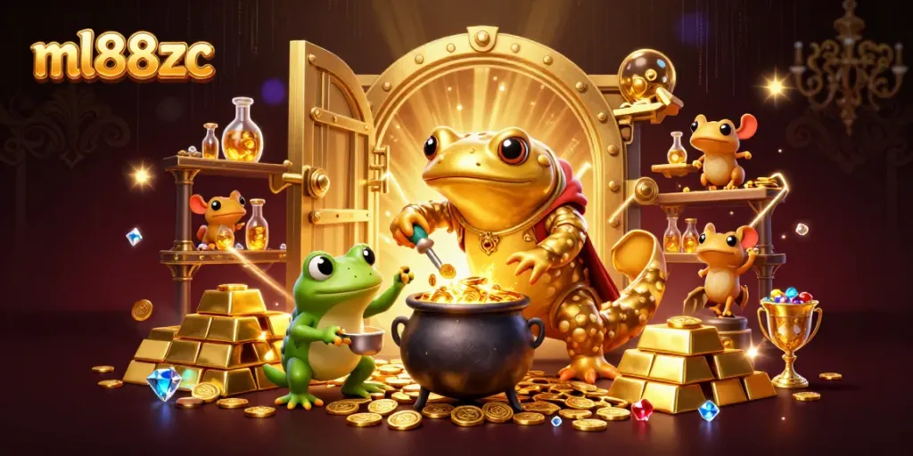 Engage with ml88zc in a magical casino scene featuring an alchemist amid gold coins and treasures.