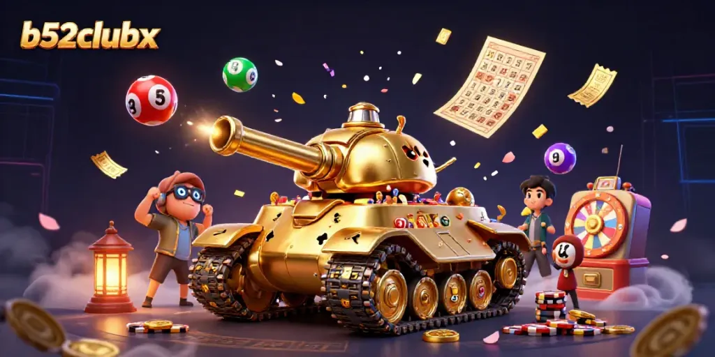 Engage with b52clubx in an explosive mini casino adventure featuring a golden tank and vibrant game elements.