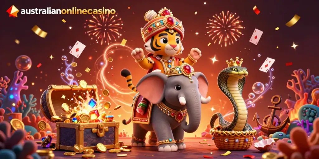 Engage with australianonlinecasino’s vibrant casino bonuses through a 3D colorful illustration.