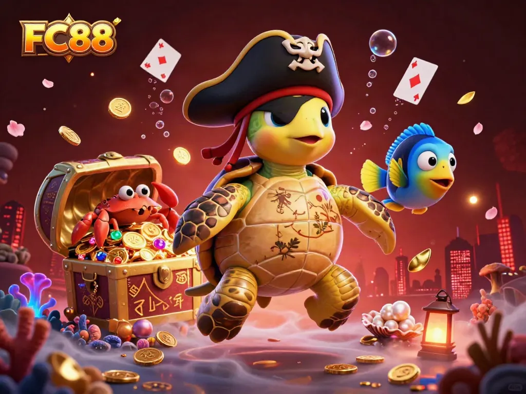 Engaging scene featuring FC88's unique pirate-inspired characters with treasure, embodying online casino excitement.