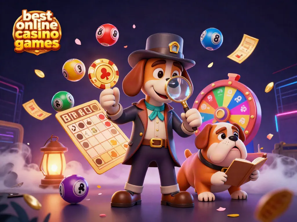 Explore the best online casino games with our detective duo uncovering thrilling clues amidst a vibrant casino backdrop.