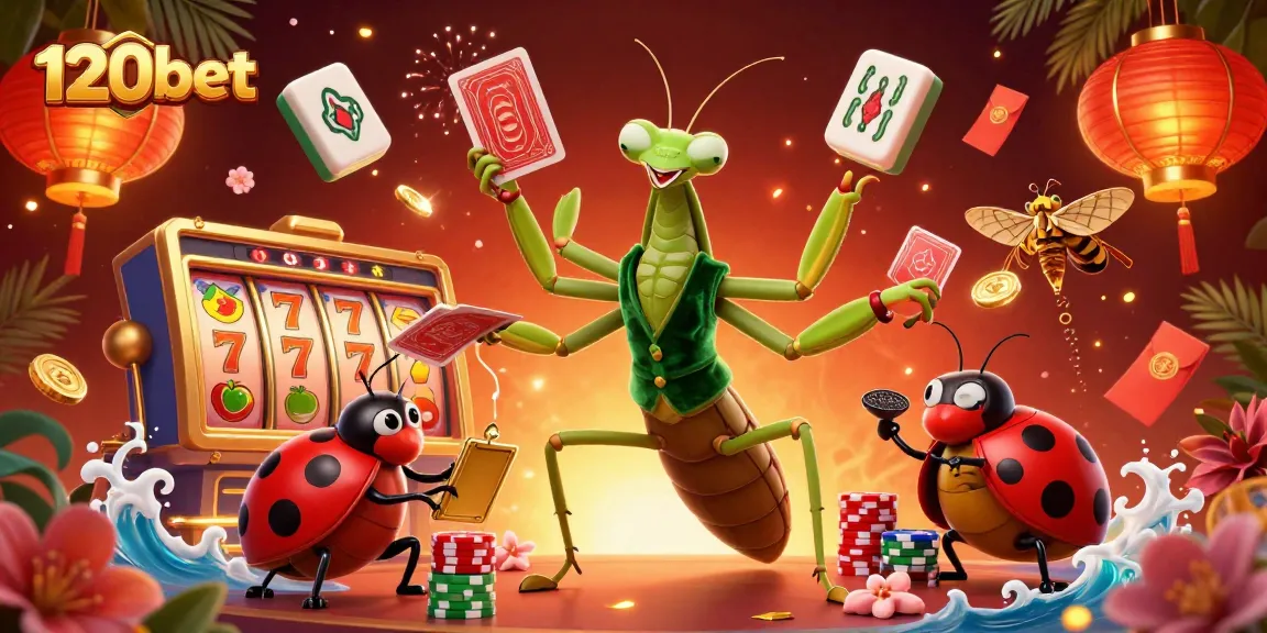 Experience the excitement of 120bet with a vibrant 3D casino illustration showcasing slot reels, lucky symbols, and animated characters.