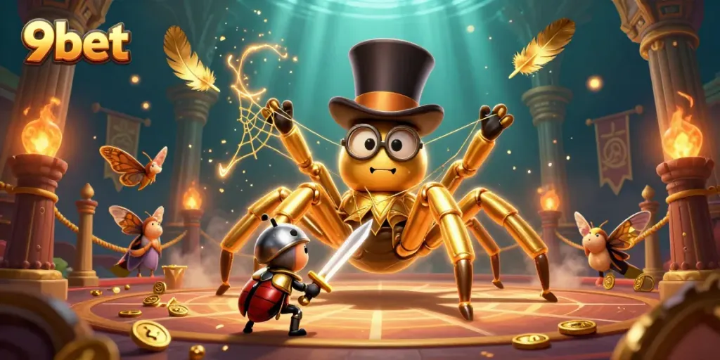 Engaging with the vibrant 9bet casino environment featuring a golden tarantula and brave beetle knight.