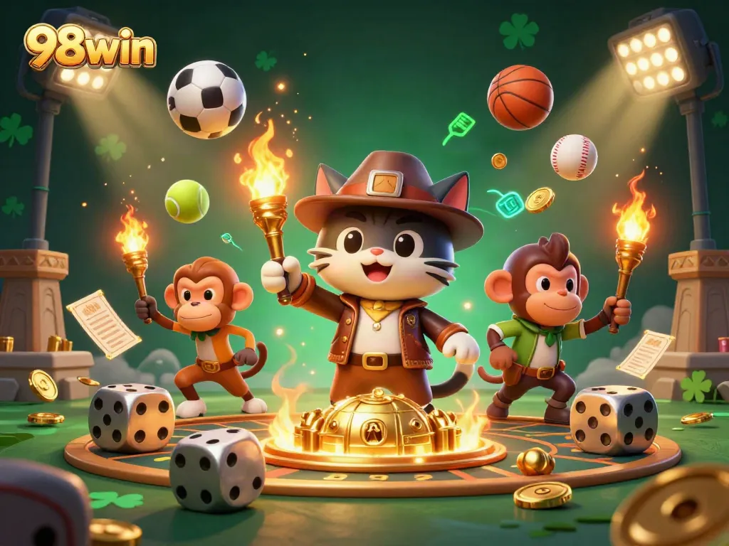 Experience thrilling wins at 98win with a vibrant 3D casino adventure showcasing exciting gaming elements.