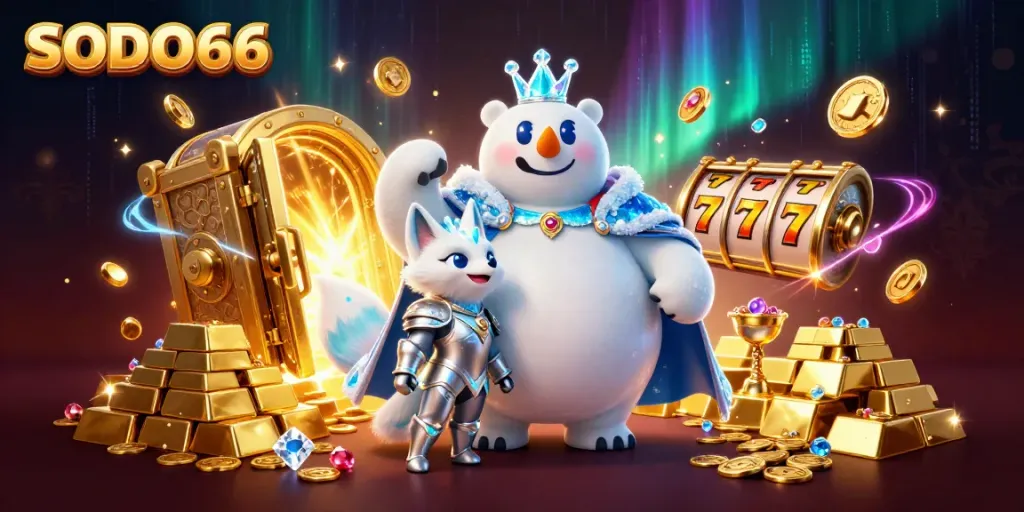 Experience the exciting world of SODO66 with a polar bear king and snow fox amid treasure, jackpots, and energy.