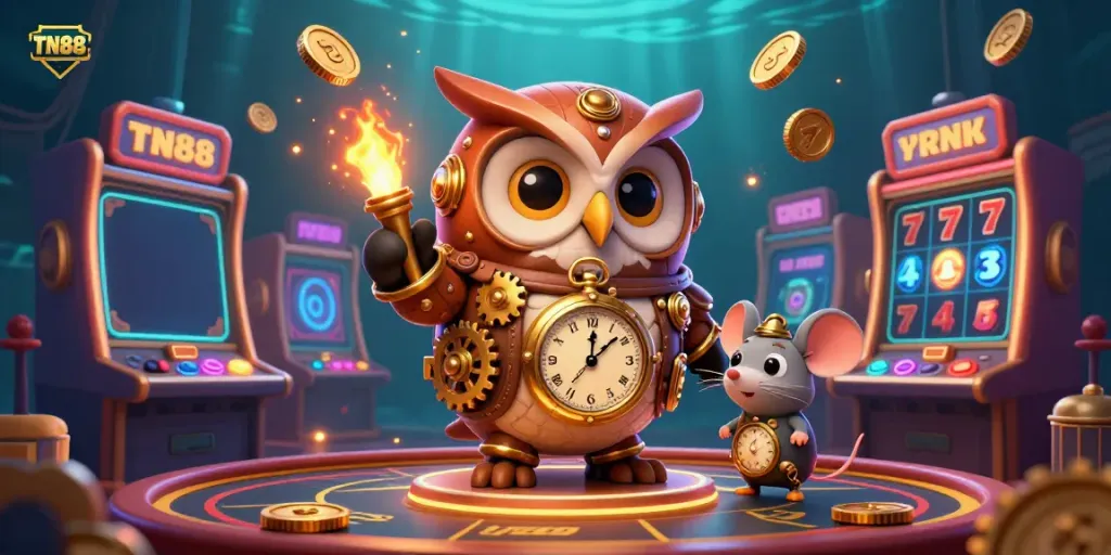 Join the action at TN88 where the vibrant owl and clockwork mouse interact with colorful slots and casino elements.