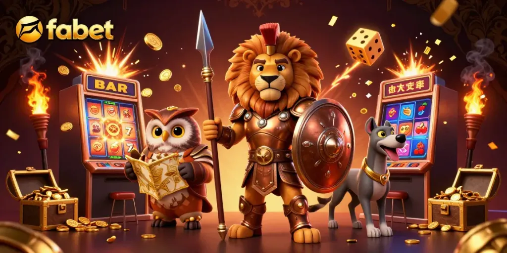 Experience the excitement of fabet with a dynamic 3D scene featuring a Spartan lion, owl strategist, and greyhound amidst casino elements.