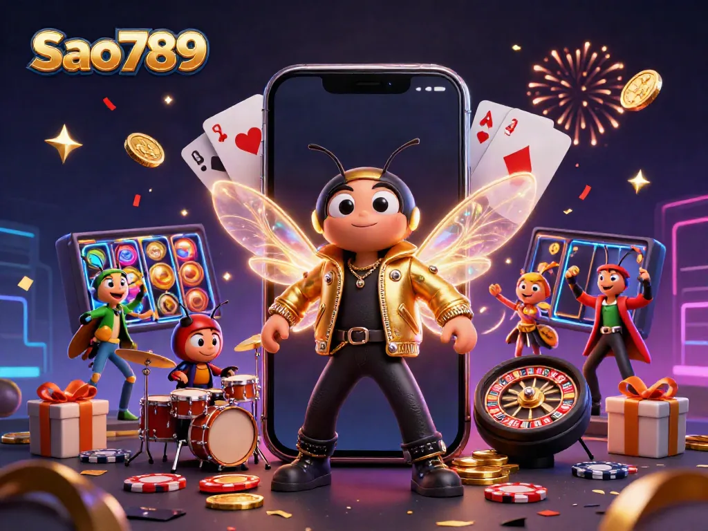 Experience the excitement of Sao789 with a vibrant scene of characters celebrating in a dynamic casino atmosphere.
