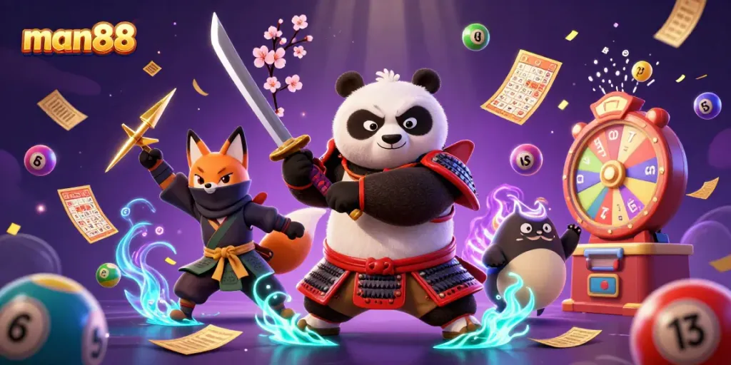 Engage with man88’s vibrant casino experience illustrated with samurai panda and live game elements.