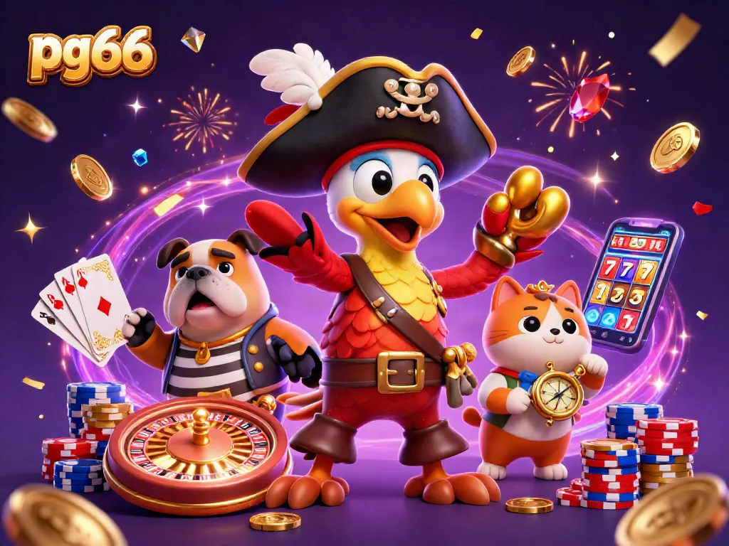 Engage in thrilling games on pg66 featuring a dynamic pirate scene with vibrant casino elements.