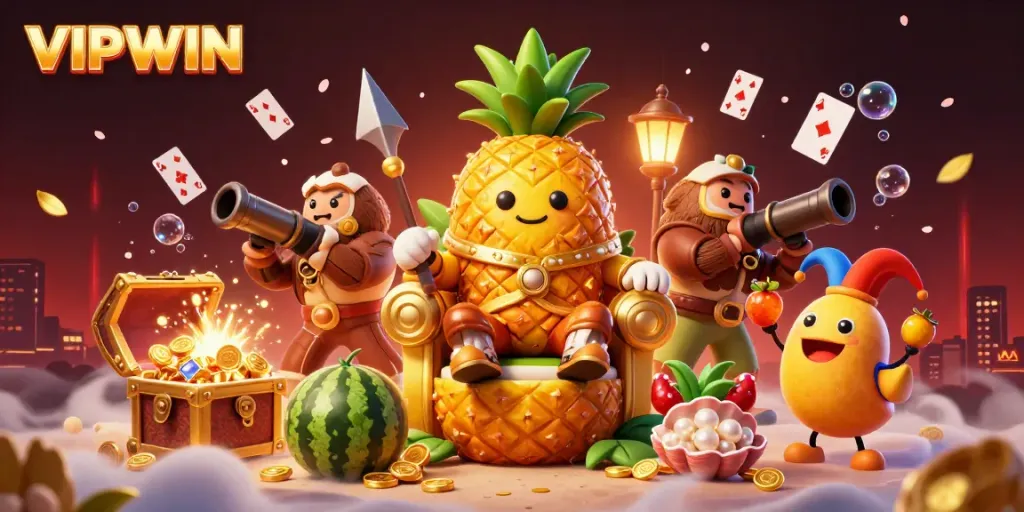 Experience the vibrant casino world of VIPWIN with a whimsical 3D pineapple king and loyal coconut guards.