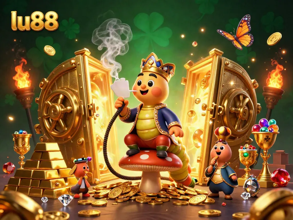 Experience luxury gaming at LU88 with a vibrant 3D casino scene featuring mystical symbols and treasures.
