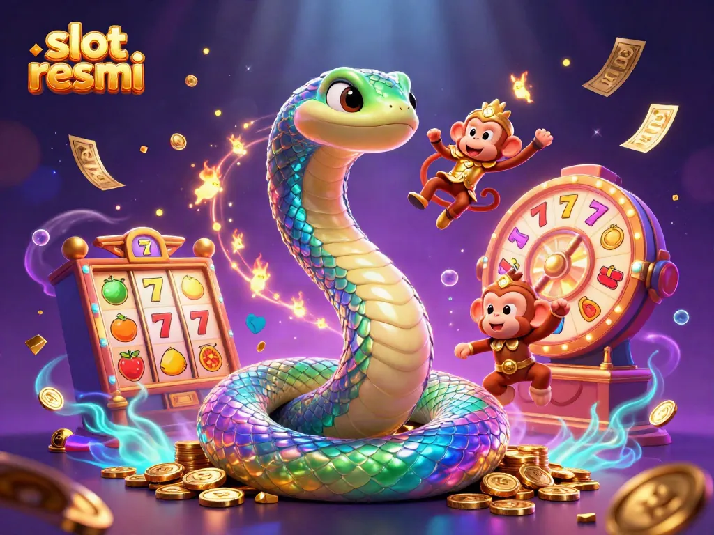 Experience the excitement of slot resmi with a vibrant 3D illustration featuring a rainbow serpent and monkey king among dynamic symbols.