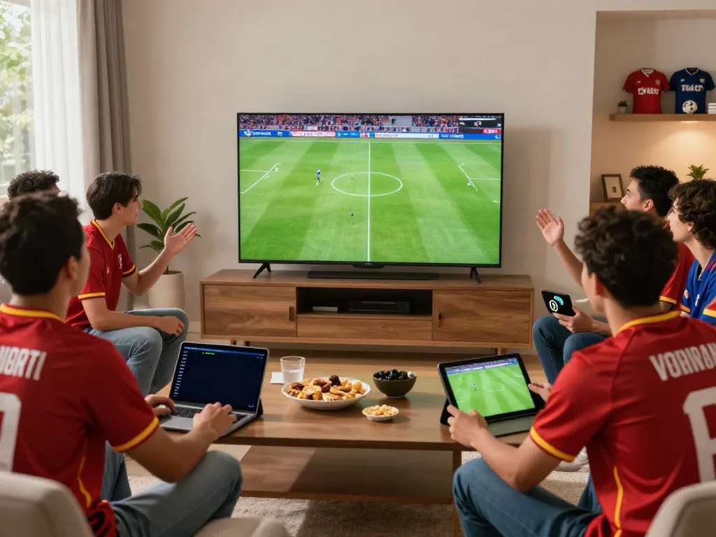 Friends enjoying a live football match on Thapcamtv in a cozy living room.