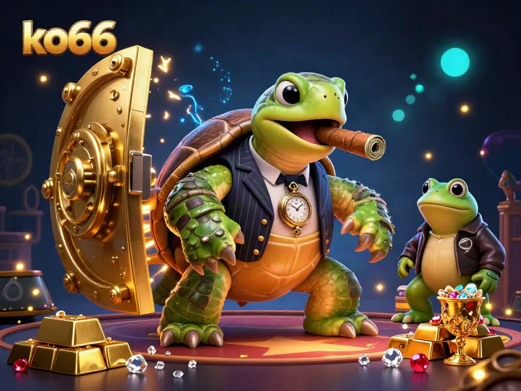 Engaging ko66 casino scene with a cartoon turtle in a mobster suit surrounded by treasure and gems.