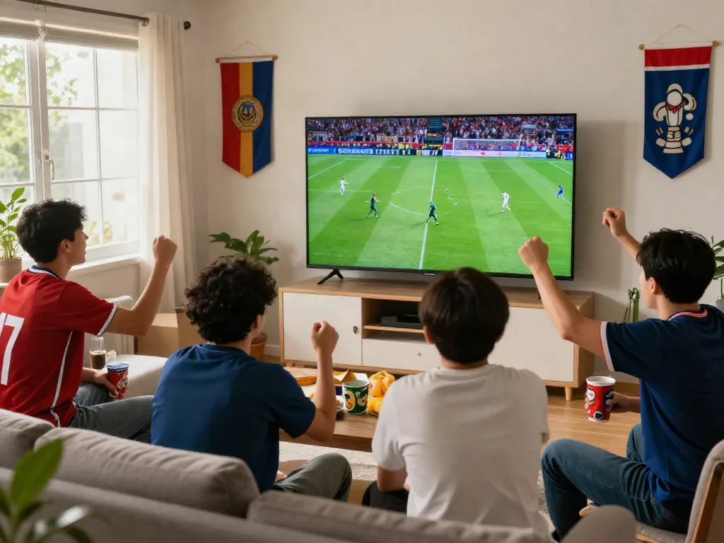 Fans enjoy live football matches on GavangTV in a cozy home setting, cheering and celebrating together.