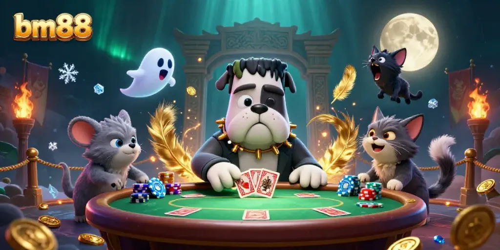 Experience exciting poker action at BM88 with unique characters in a vibrant casino scene.