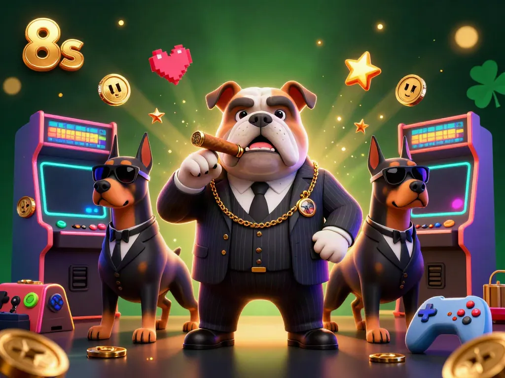 Engage with 8s in a vibrant casino-themed illustration featuring a mafia bulldog and dynamic gaming elements.